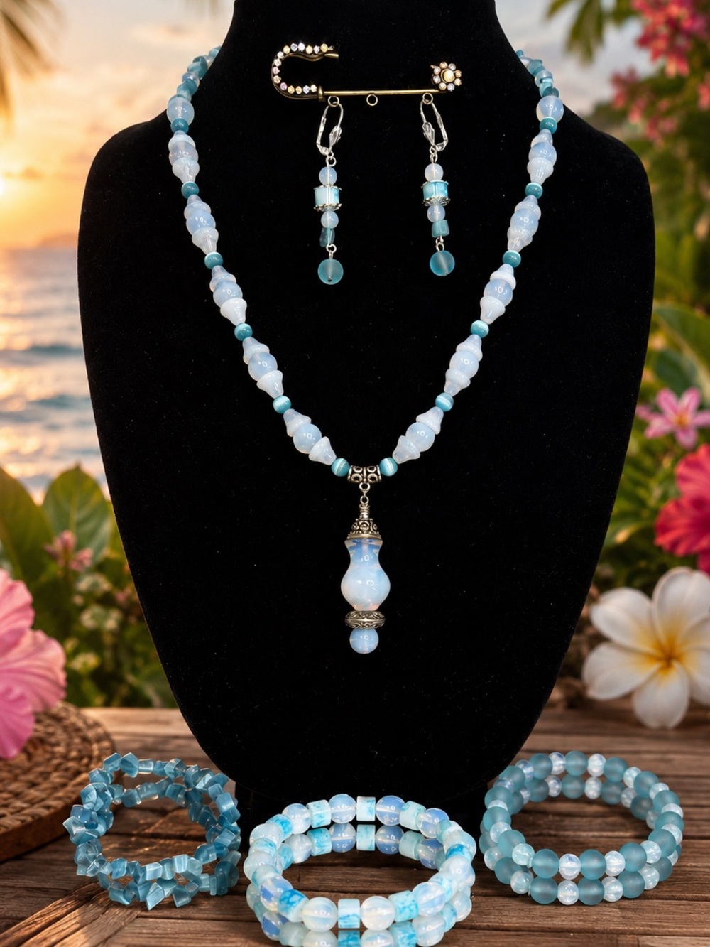 Opalite, Blue Dyed Mother of Pearl Chips & Sterling Silver Jewelry Set